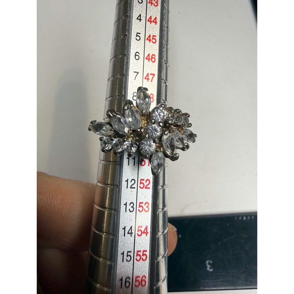 Silver Tone Clear Crystal Cluster Cocktail Ring Size 5.5 Marquise Round Spray